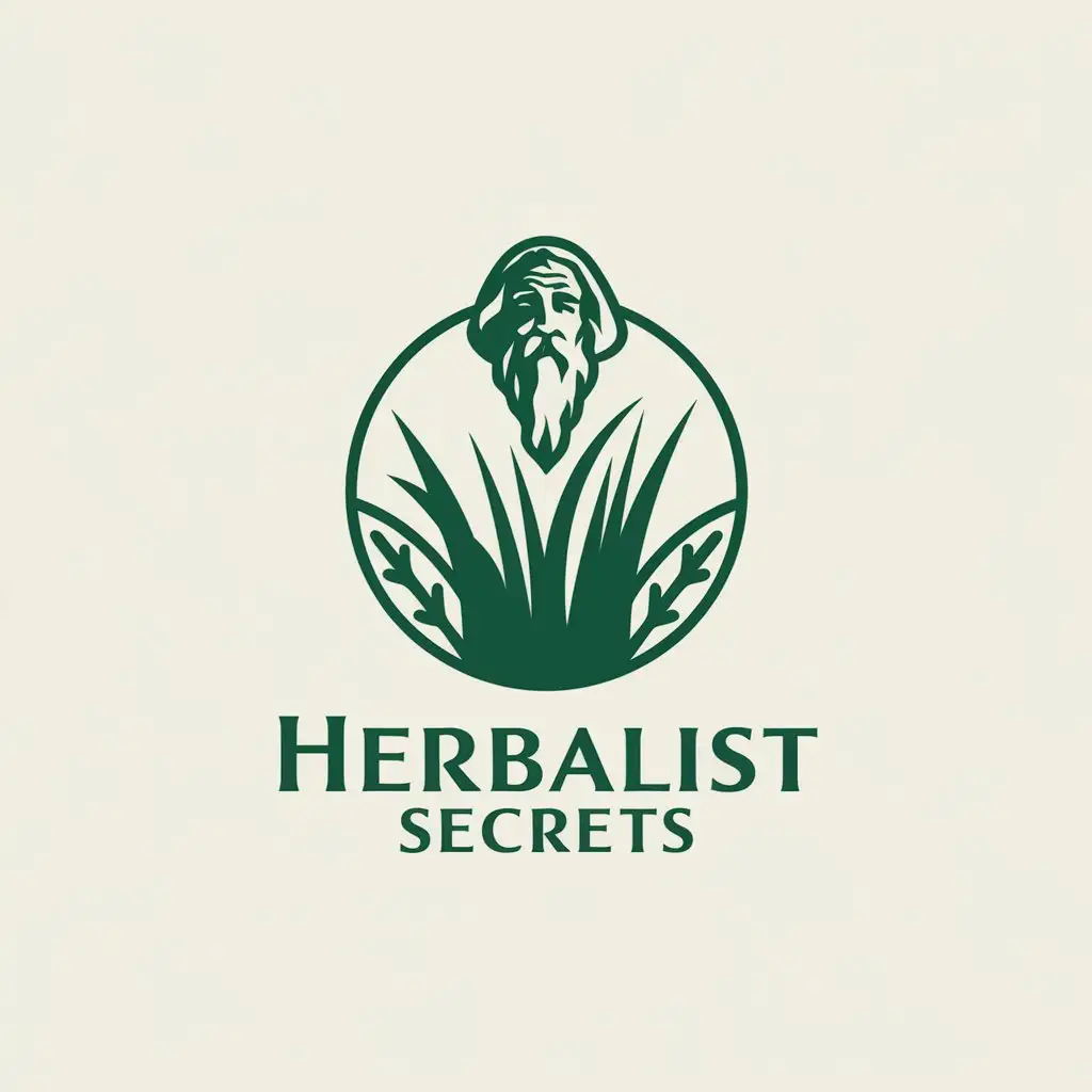 a vector logo design,with the text "Herbalist secrets", main symbol:grass and old man,Moderate,clear background