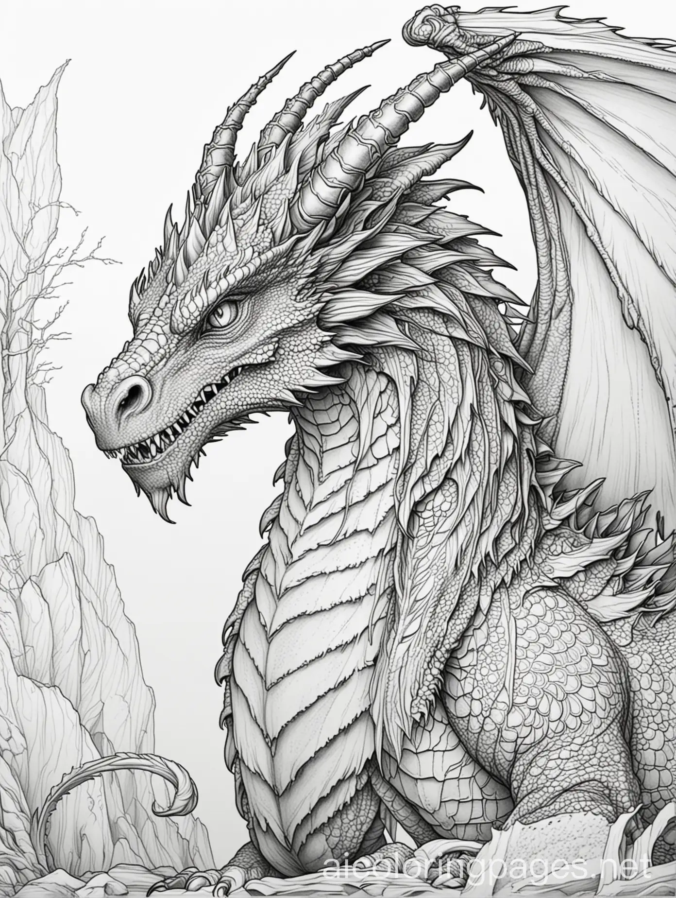 Intense-Dragon-Coloring-Page-Black-and-White-Line-Art-on-White-Background