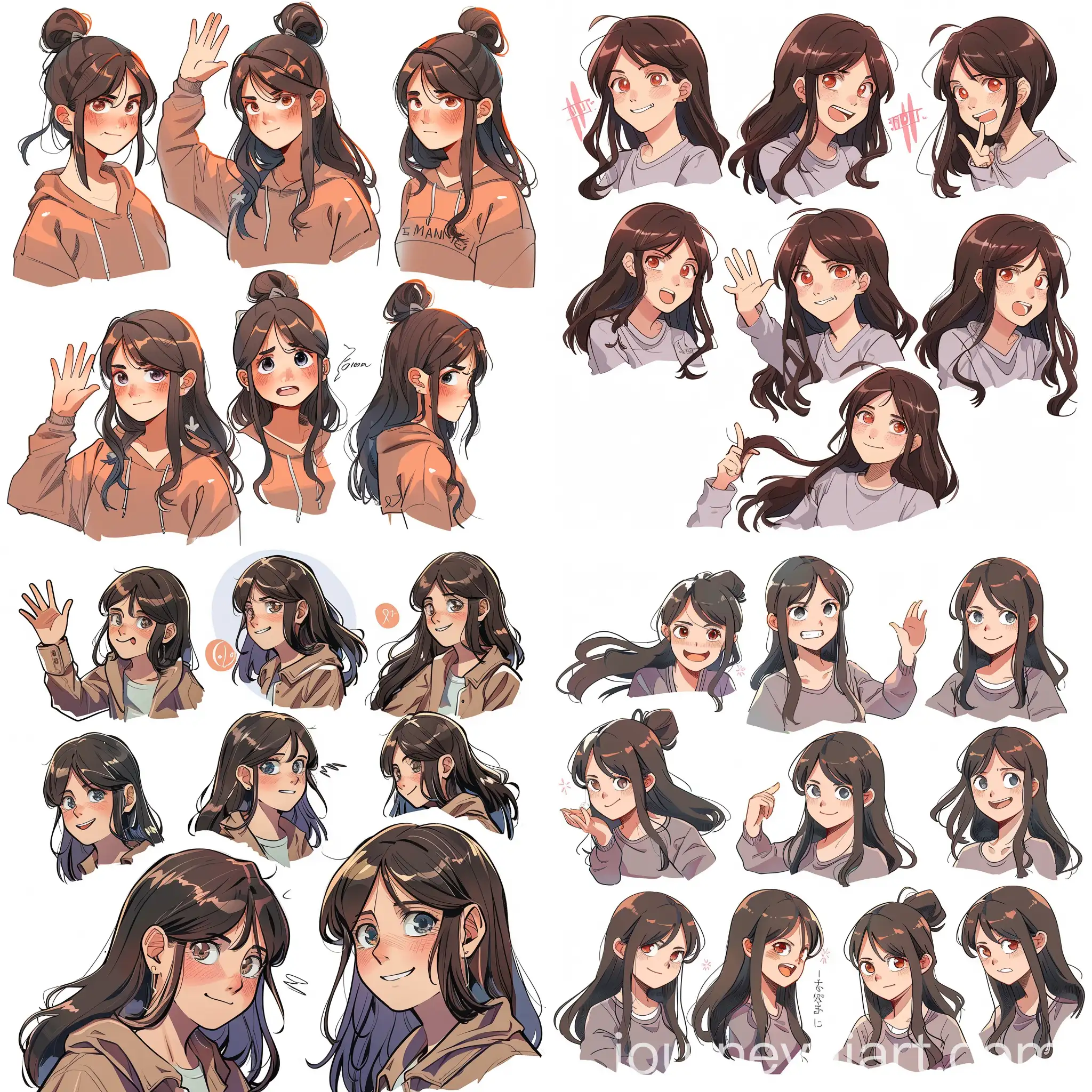 Girl-Waving-with-Six-Emotions-Character-Sheet-in-Manga-Style