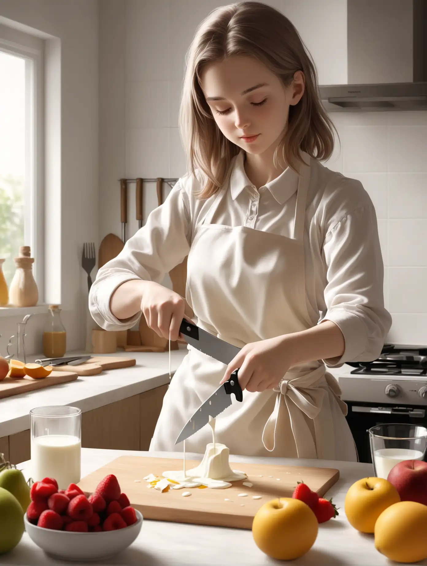 In the kitchen, a young woman wearing a cute apron is preparing breakfast. She is slicing fresh fruit with a knife in her hand, next to her is a glass bottle pouring milk, and her movements are elegant and skilled.