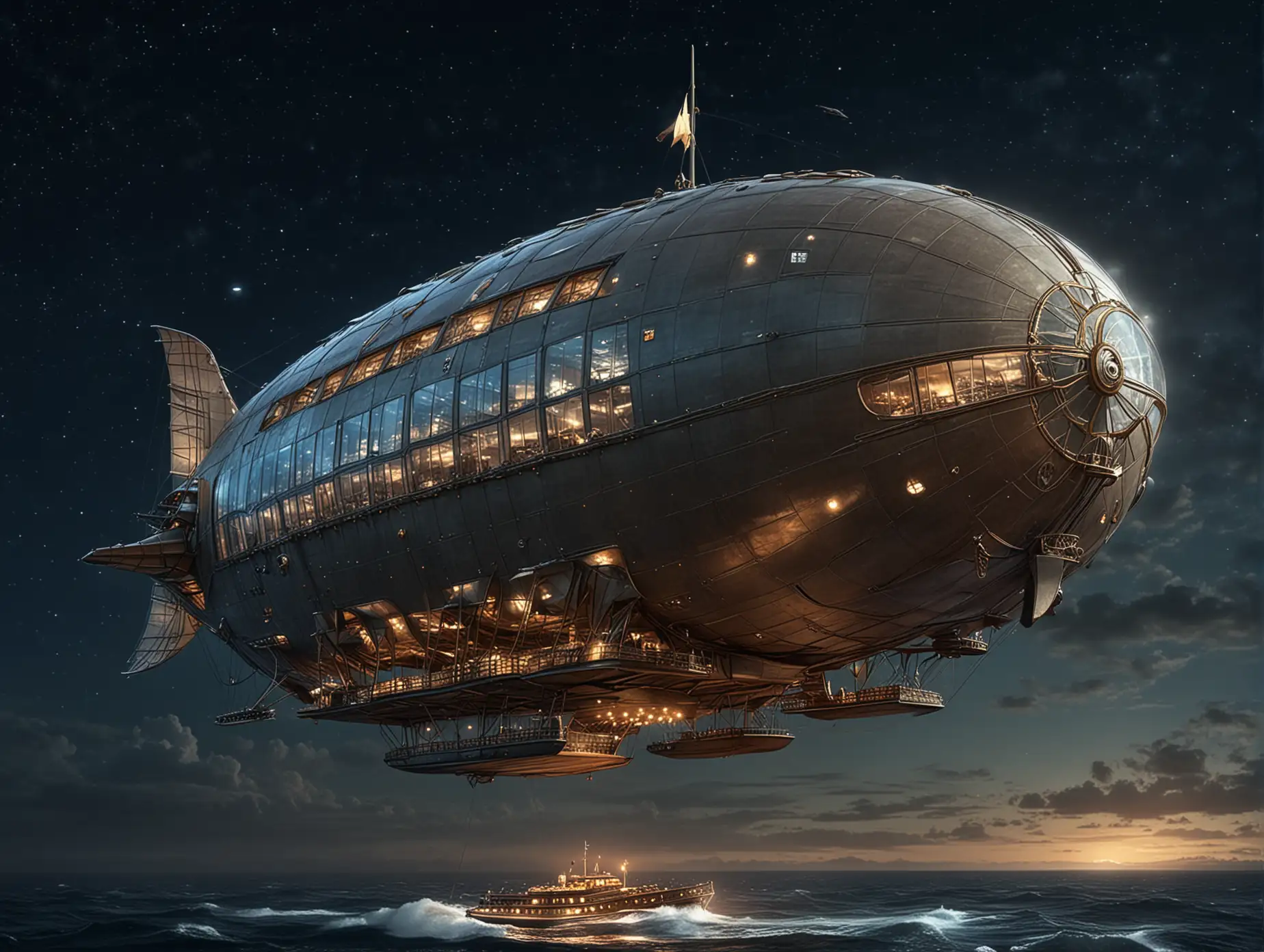 A sleek, fairy-tale big airship with an open upper deck flies over the sea at night. There is a large glass window in the bow.