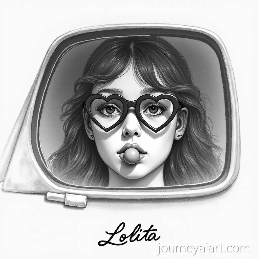 HyperRealistic-Black-and-White-Portrait-of-Girl-Wearing-HeartShaped-Glasses-with-Lollipop-in-Car-Rearview-Mirror