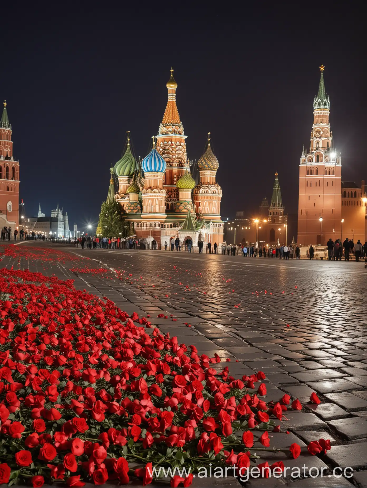 Bright-Salute-at-Red-Square-in-Moscow-with-Red-Flowers-and-Night-Sky