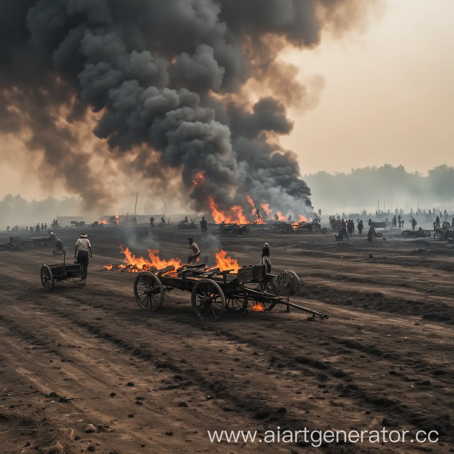 Field-with-Campfires-and-People-Carrying-Bodies-on-Carts-in-Black-Smoke