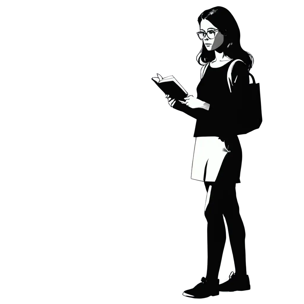 Create a black-and-white, minimalistic 2D illustration of a girl student standing against a wall, looking intently at an open book she is holding. The design should be simple and modern, with clean lines and bold outlines, capturing a moment of quiet focus