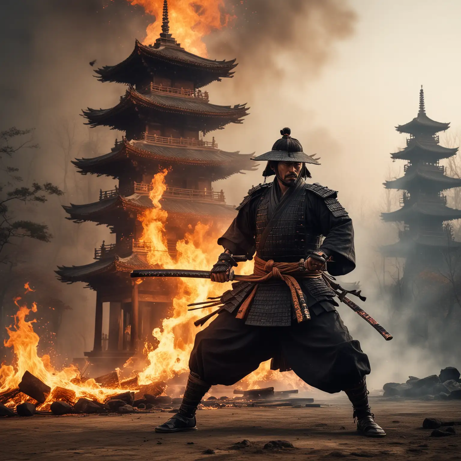 Samurai-Fighting-Pose-in-Front-of-Burning-Pagoda