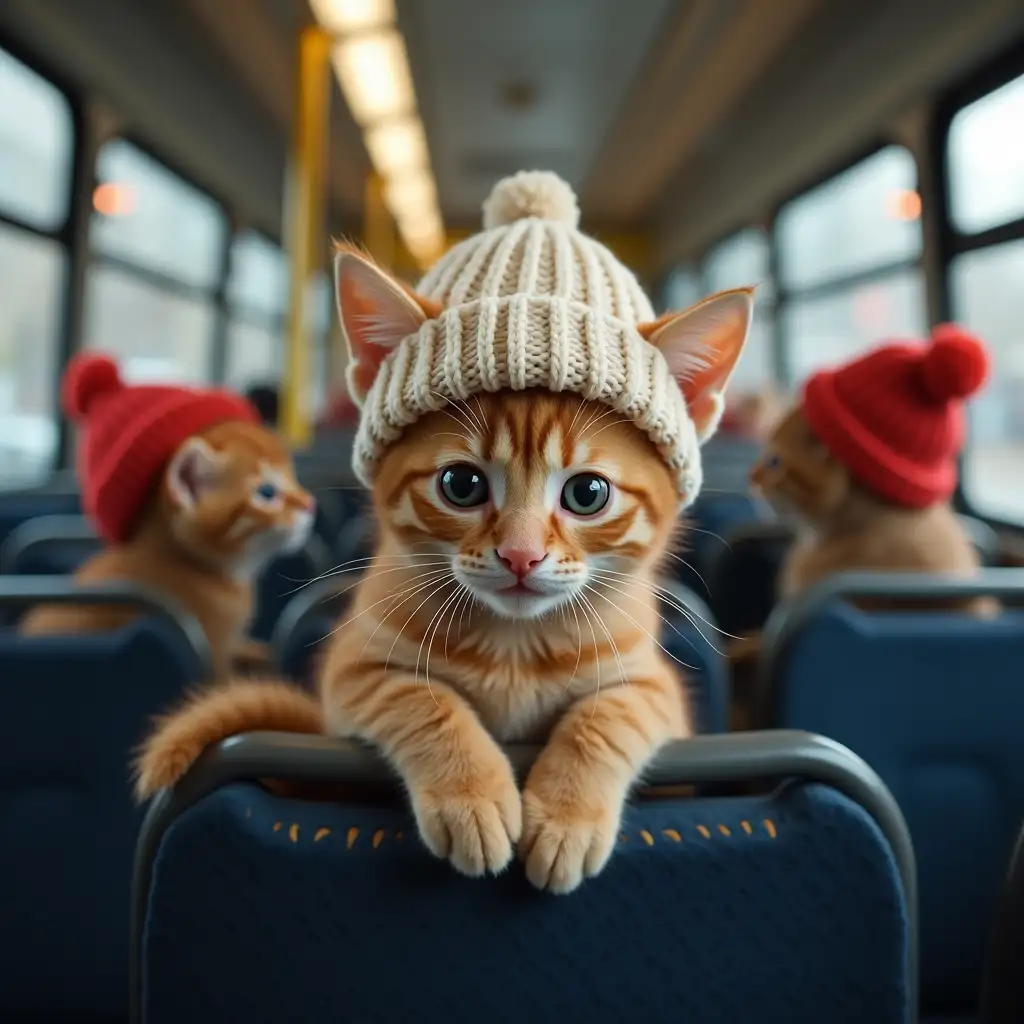 ginger cute real kitten in a knitted hat rides the bus sitting on a seat, there are double seats behind and in front of him with other animals in hats