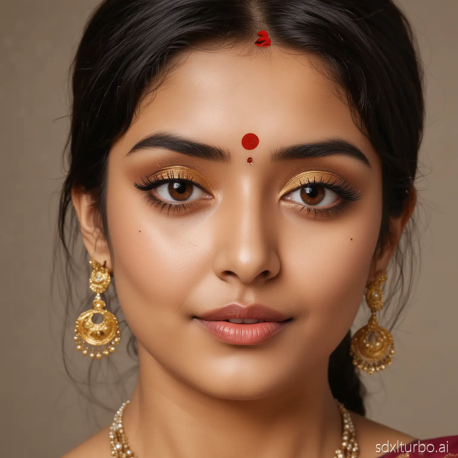 beautiful fair indian diva's round face with bindi without sharp features