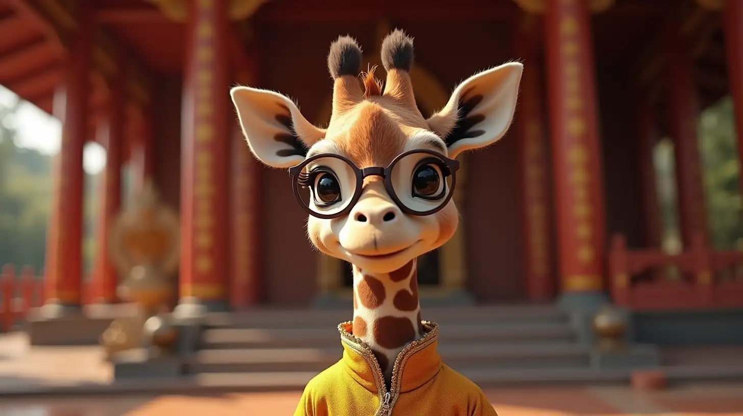 small Giraffe with glasses in vietnamese clothes in budda temple