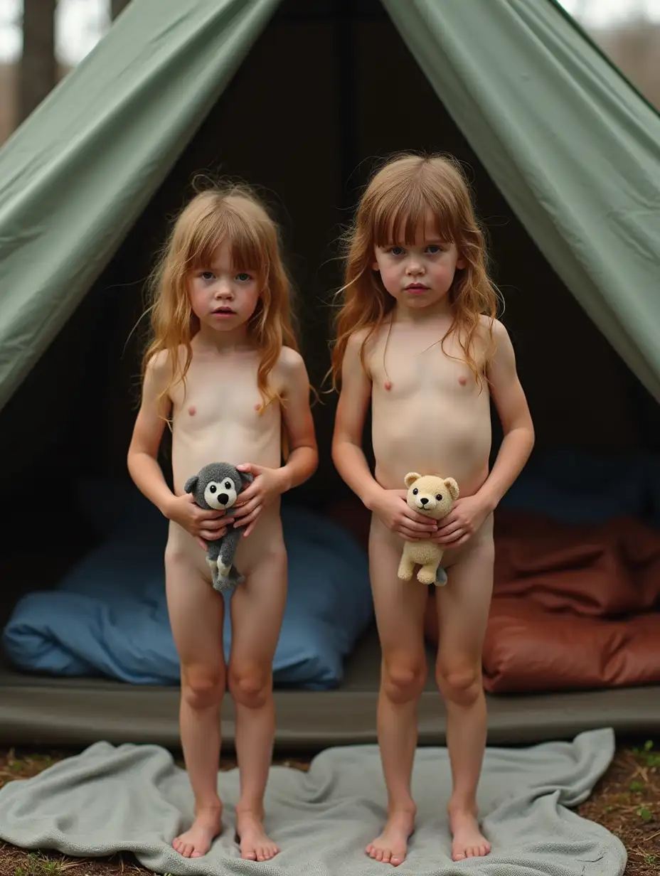 Two-Tall-Skinny-Little-Girls-Crying-with-Stuffed-Animals-in-Front-of-Tent