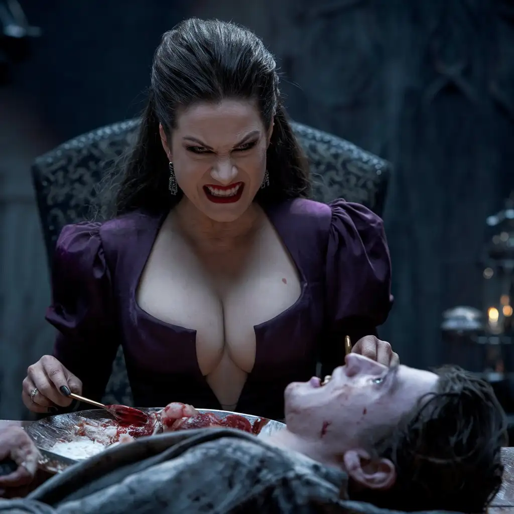  Evil angry smile latina witch with deep neckline sit at a high table, indulging in a grisly feast of a young man. cinematic, photo , 4k