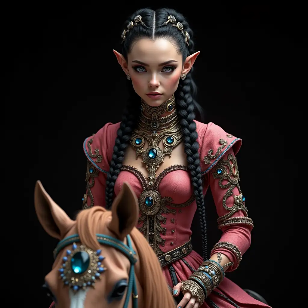 Hyperrealistic portrait of a beautiful alien woman with black pink braided hair riding a horse that wears elaborately detailed, colorful and futuristic jewelry.black background