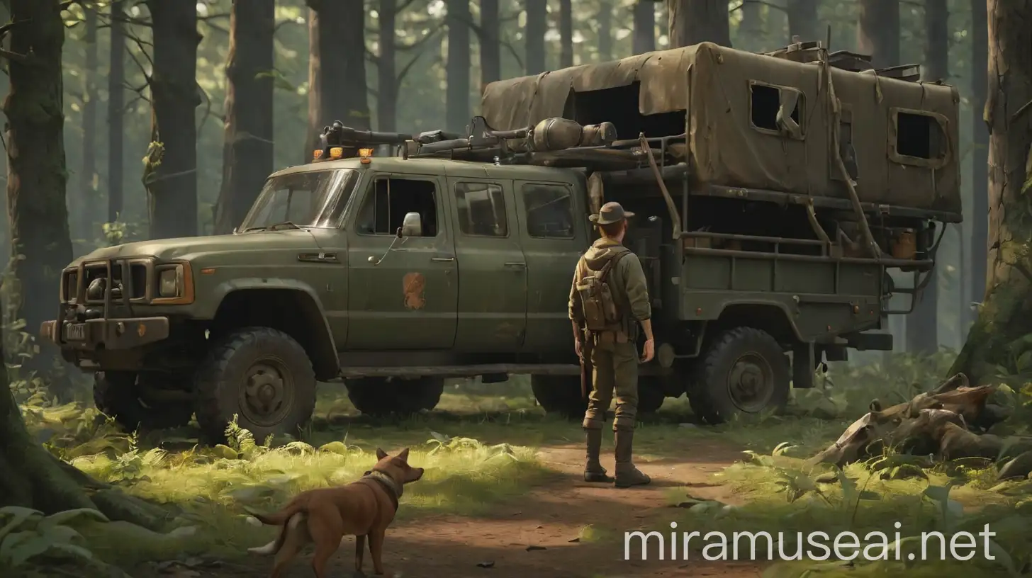 Hunter Standing by Hunting Truck in Enchanted Forest