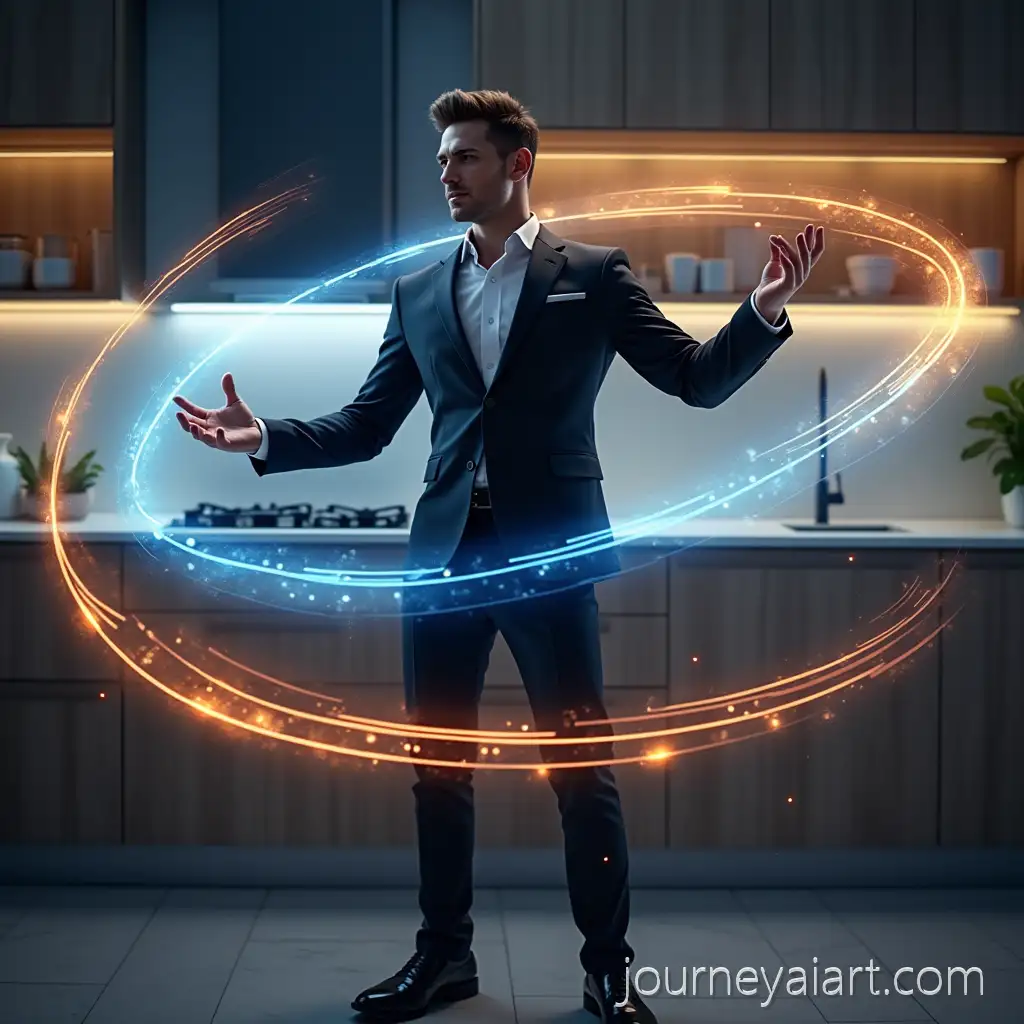 Confident-Man-in-Black-Suit-Creating-Glowing-Energy-in-Modern-Kitchen