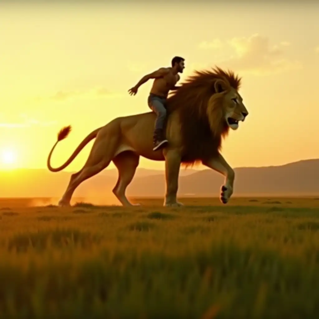A giant lion running fast across vast green plains at sunset, with a brave man riding it, dynamic camera angle, golden light, cinematic fantasy scene.