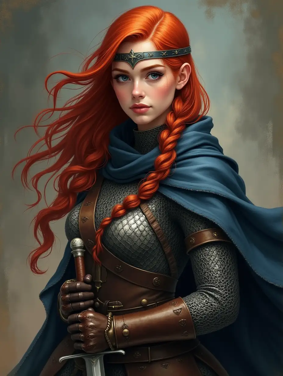 redhead slavic warrior women, chainmail, forehead ribbon, cloak, sword in a hand, gloves, masterpiece, digital painting, epic realistic, cinematic frame, 2d flat colors