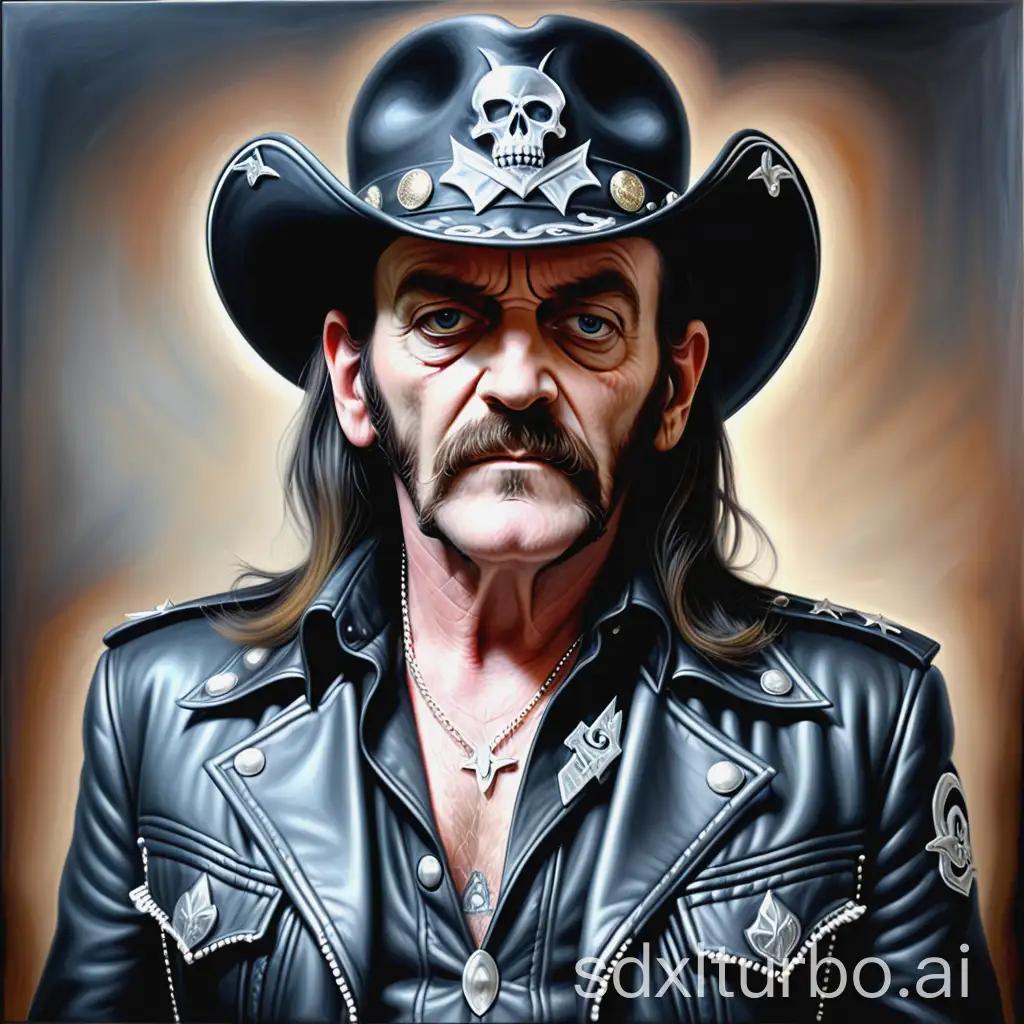 Portrait of Lemmy Kilmister from Motörhead, he wears his typical clothing, realistic, highquality