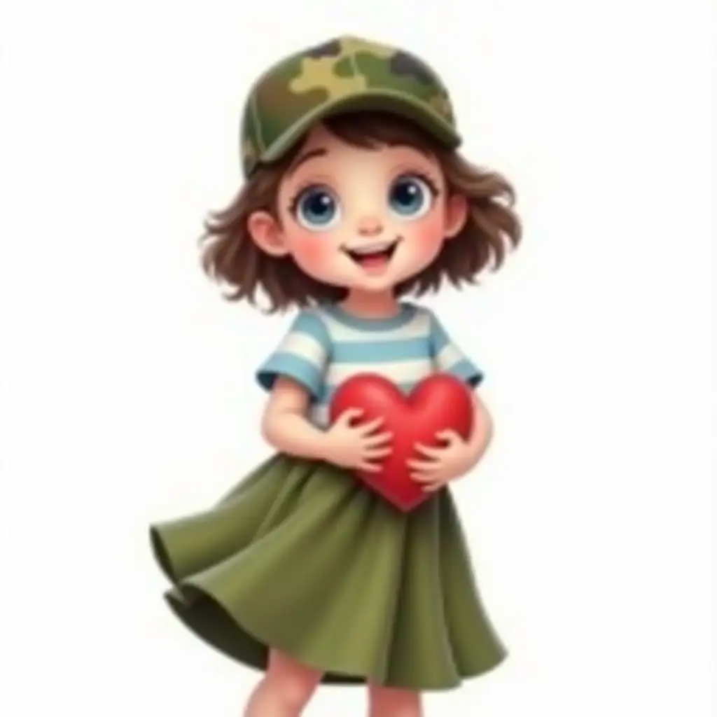 lev, in an olive green voluminous skirt, a striped white and blue shirt, a cartoonish character with big blue eyes and smiling,nwearing an olive green camouflage cap. Holding a heartndigital painting. nfull size.non a white background.npng.nrealistically