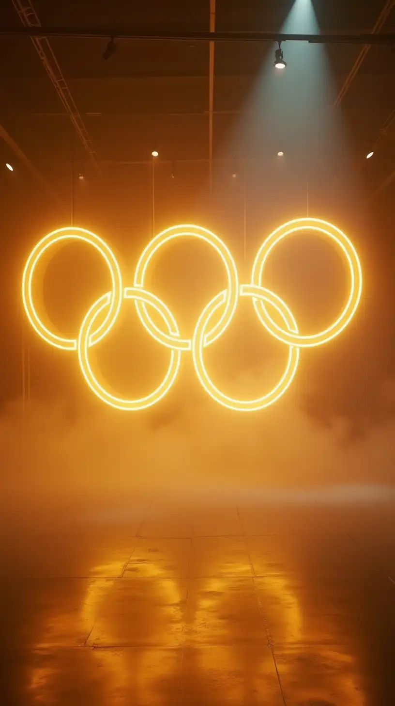 Cinematic Studio Scene with Floating Golden Olympic Rings