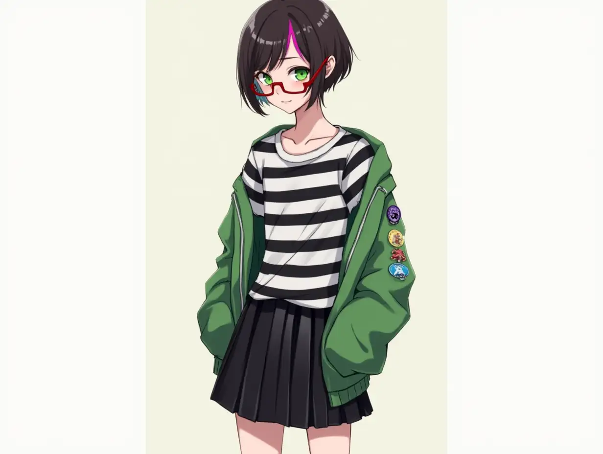 An androgynous young adult with short cut dark brown hair, green eyes, with a pink streak on the right side. They are of lean build and a flat chest, have a red pair of under frame glasses, and their attire consists of a black and white striped T-shirt, with a green oversized jacket with several pins on it, and a black leather skirt. They are standing up straight, and facing a 3/4 angle. Their face is slightly masculine.