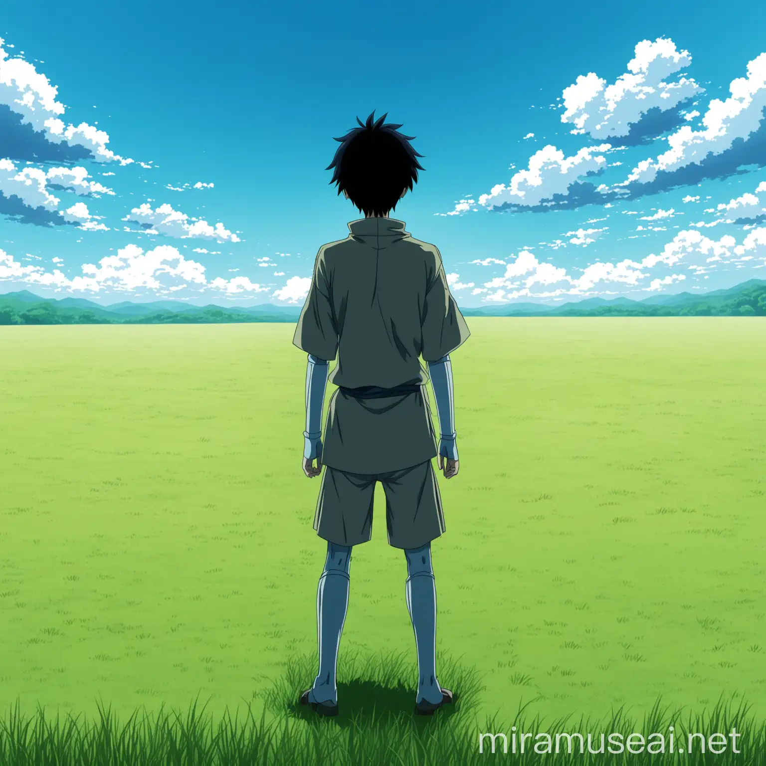 Anime Boy Standing in a Serene Grass Plain