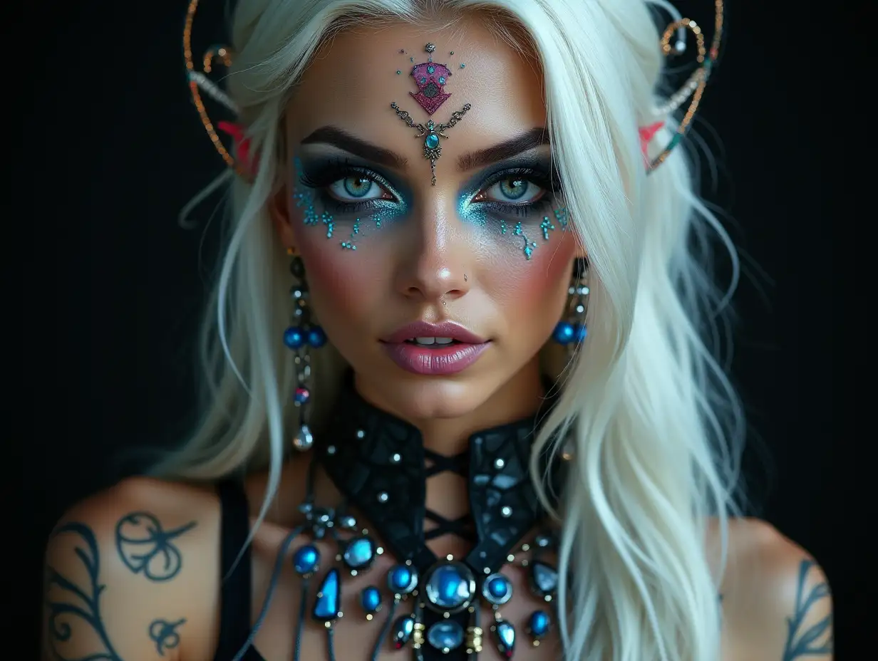 Depiction of a beautiful Indian woman with makeup, glitter around the eyes with a smiling face-tattoo, futuristic long white hair with black-white and laced boots, with intricately detailed, colorful and futuristic jewelry. Black background blurred 120-mm shot