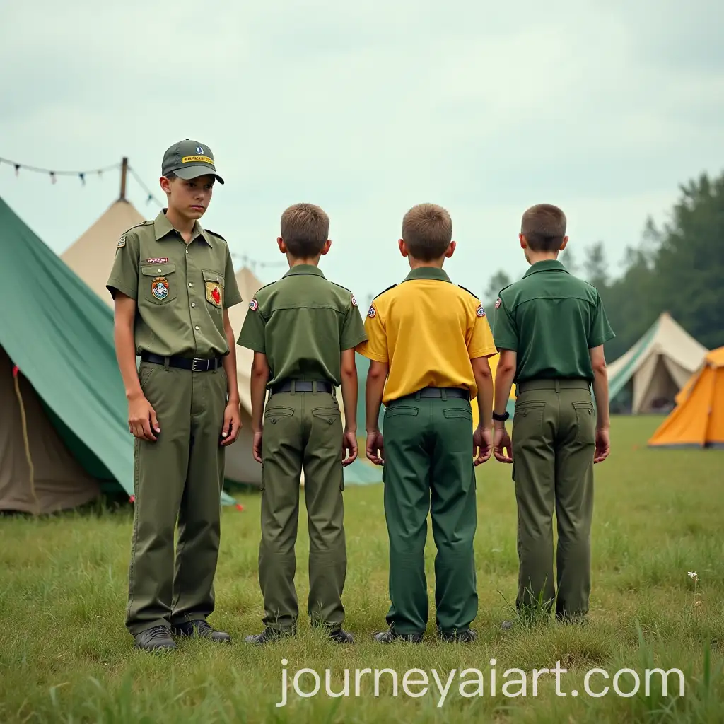 Boy-Scouts-in-Green-and-Yellow-Shirts-Next-to-Tents-in-a-Lush-Green-Landscape