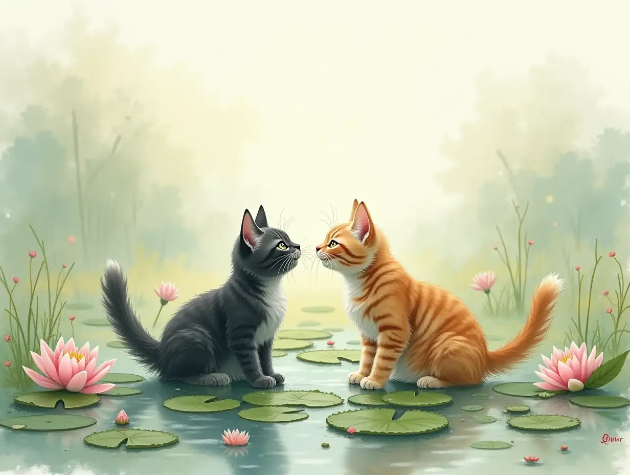 Two cats playing in a field of water lilies, with a misty and watercolor background in an impressionistic style inspired by Monet