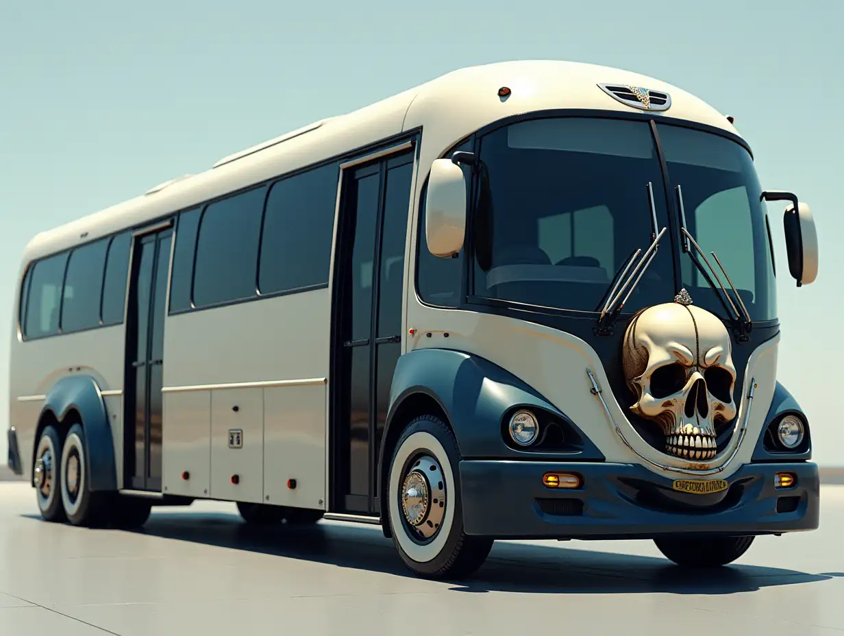 Supermodern utopian sports bus low-slung body with skull,aluminum rims,wide tires cream dark blue cream black Cyberpunk