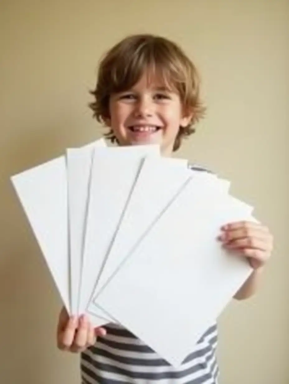 Joyful-Child-Holding-Five-White-QuartSized-Pieces-of-Paper