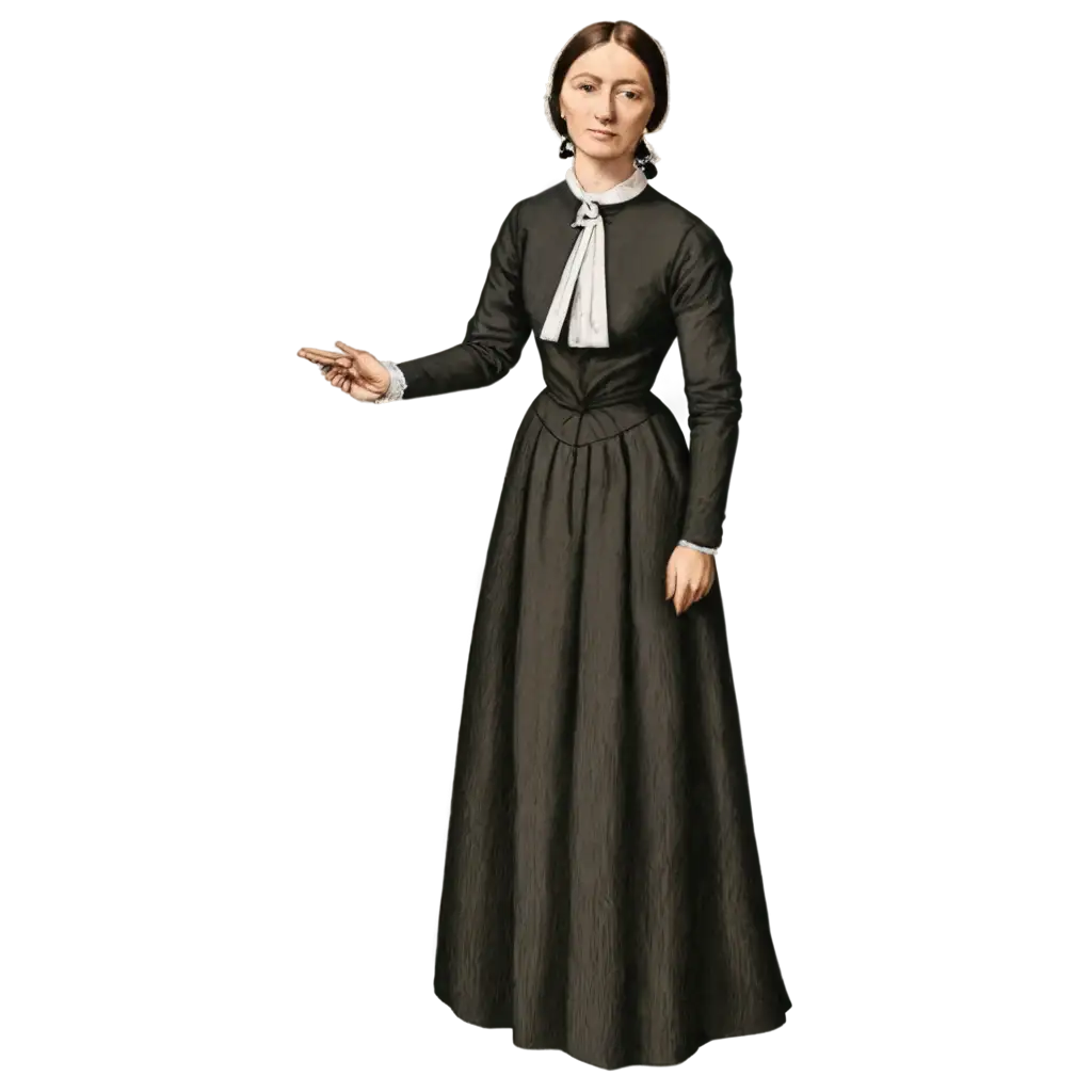 Florence Nightingale, facing the audience, explaining she had no choice and had to help