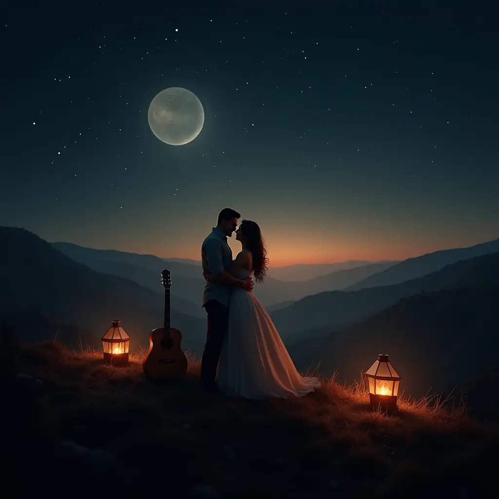 Create a romantic and atmospheric digital artwork that embodies the essence of Sierreño music and passionate love. The scene should feature a starry night sky over an open landscape, possibly mountains or rolling hills, with a couple embracing or dancing under the moonlight. A guitar should be central in the image, either in the hands of a musician or resting nearby, representing the soul of Sierreño music. The mood should feel intimate, passionate, and slightly nostalgic, with warm, golden lighting from a distant bonfire or lanterns. The background should carry a dreamy, soft glow, enhancing the sense of romance.