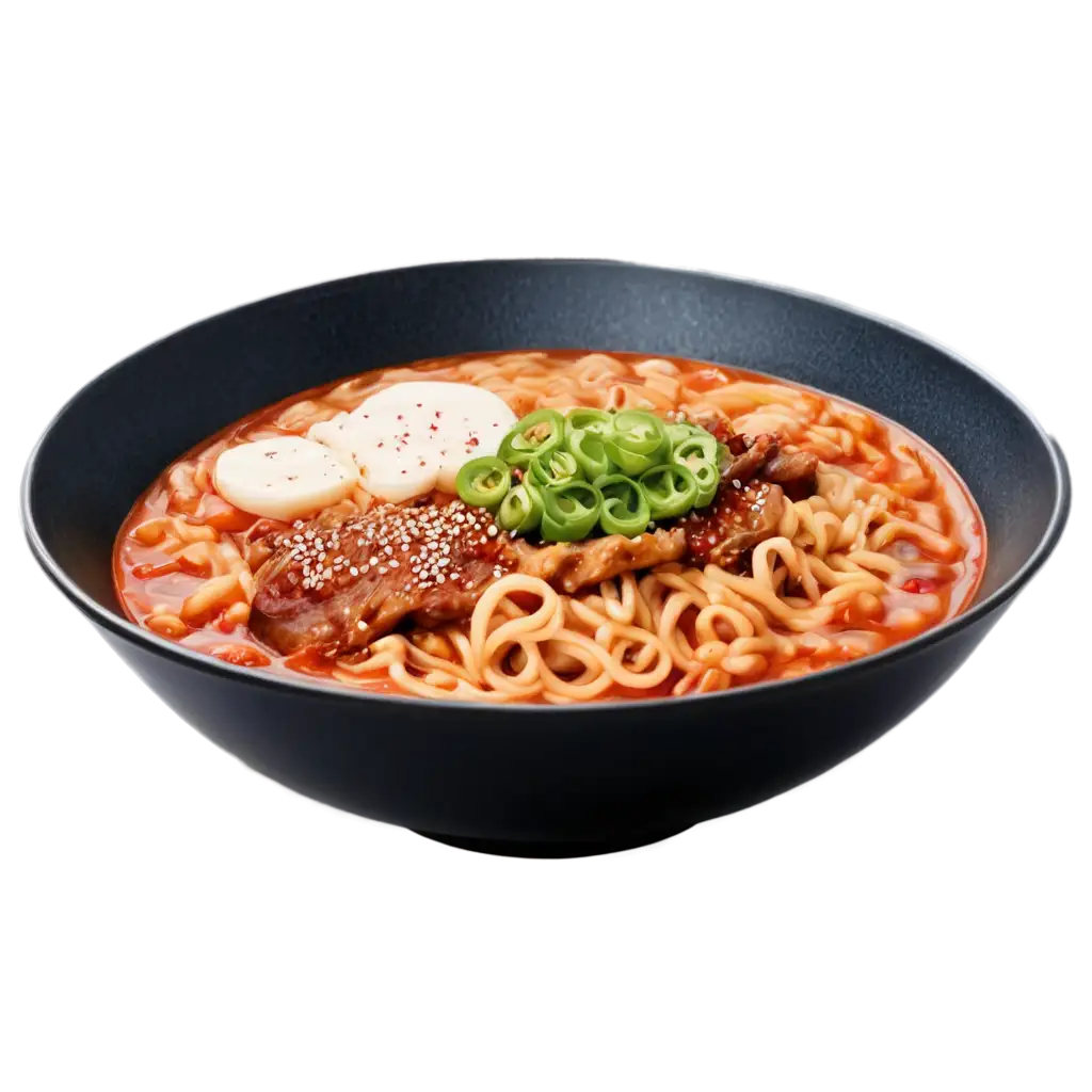 HighQuality-PNG-Image-of-Spicy-Korean-Ramen-in-a-Stylish-Black-and-Red-Bowl