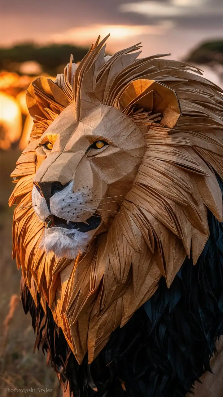 Majestic-Origami-Lion-Head-with-GoldenBrown-Mane-Against-Savanna-Sunset