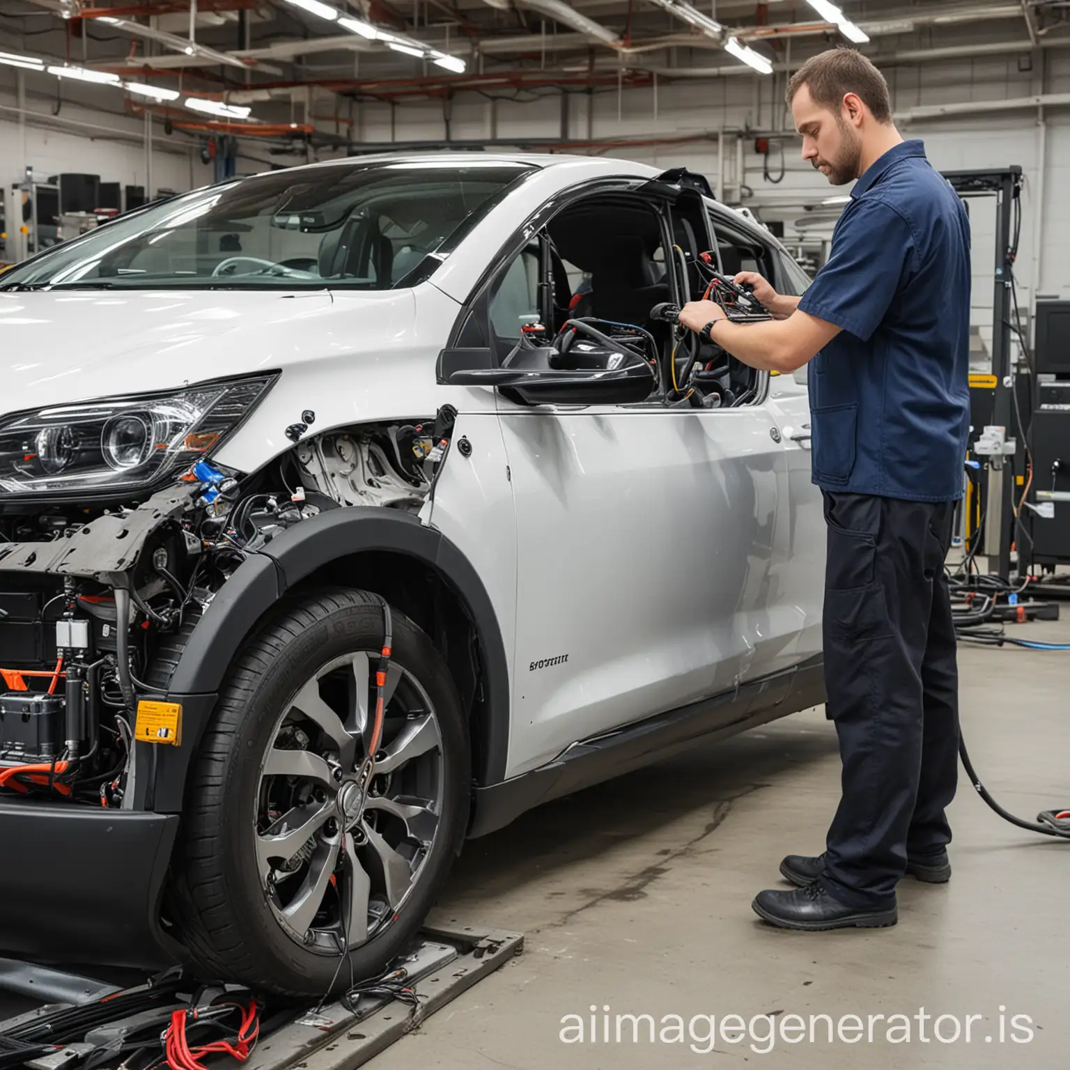 A technician performing a routine maintenance check on an electric vehicle