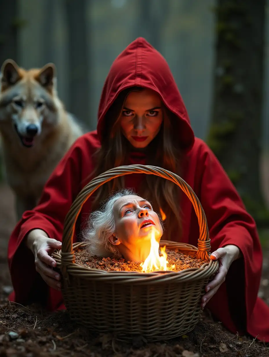 A woman in a red hat and a wolf in the background of the frame look suspiciously at a basket from which a smoldering can be seen. A woman in a red riding hood and a Wolf in the background of the frame look incredulously at a basket from which a dead grandmother's head sticks out.