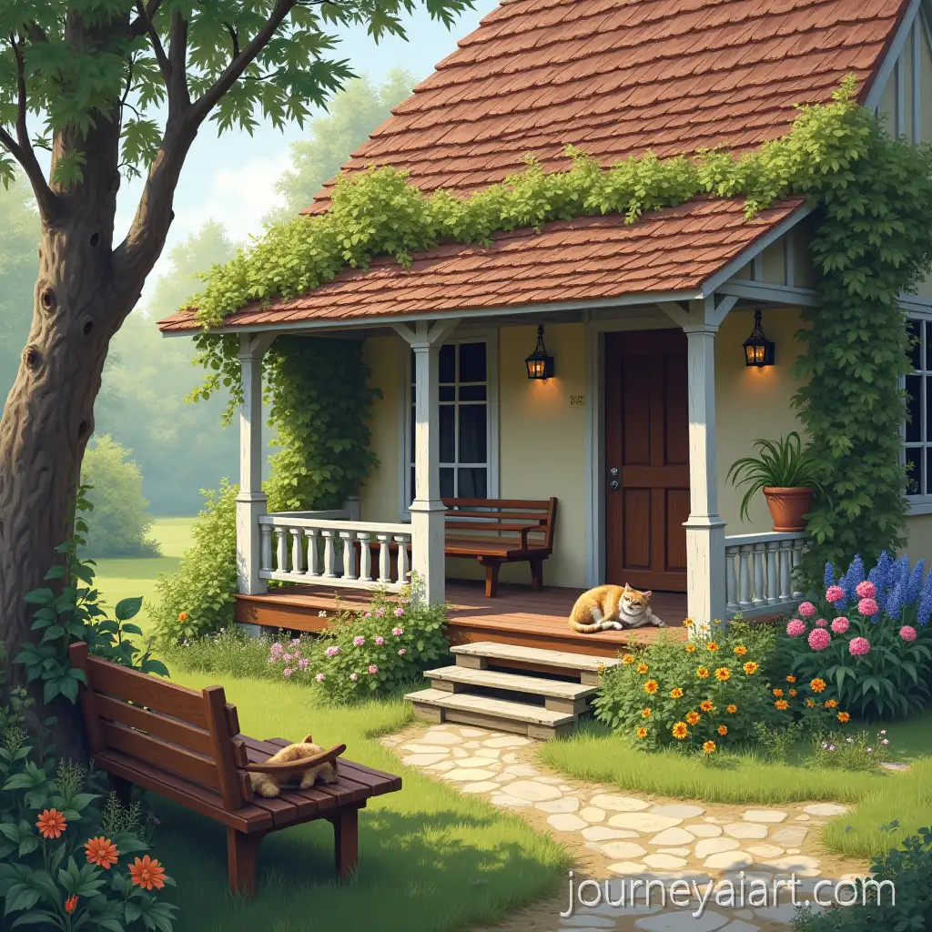 Country-House-with-Porch-and-Flower-Garden-Cat-Sleeping-onCountry-house-with-cat-Bench