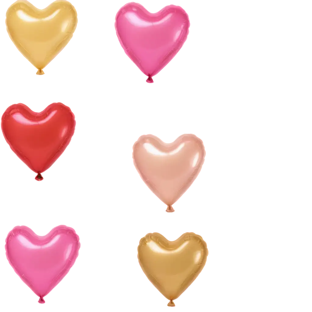 A set of floating heart balloons, in red, pink, and gold, shiny and metallic