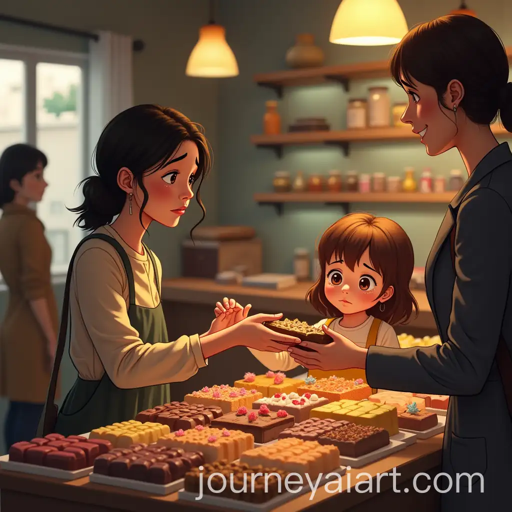 Mother-and-Daughter-in-Pastry-Shop-with-a-Kind-Stranger-Offering-Help
