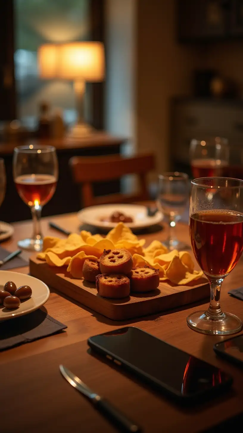 Evening Aperitif Table with Chips Olives and Drinks