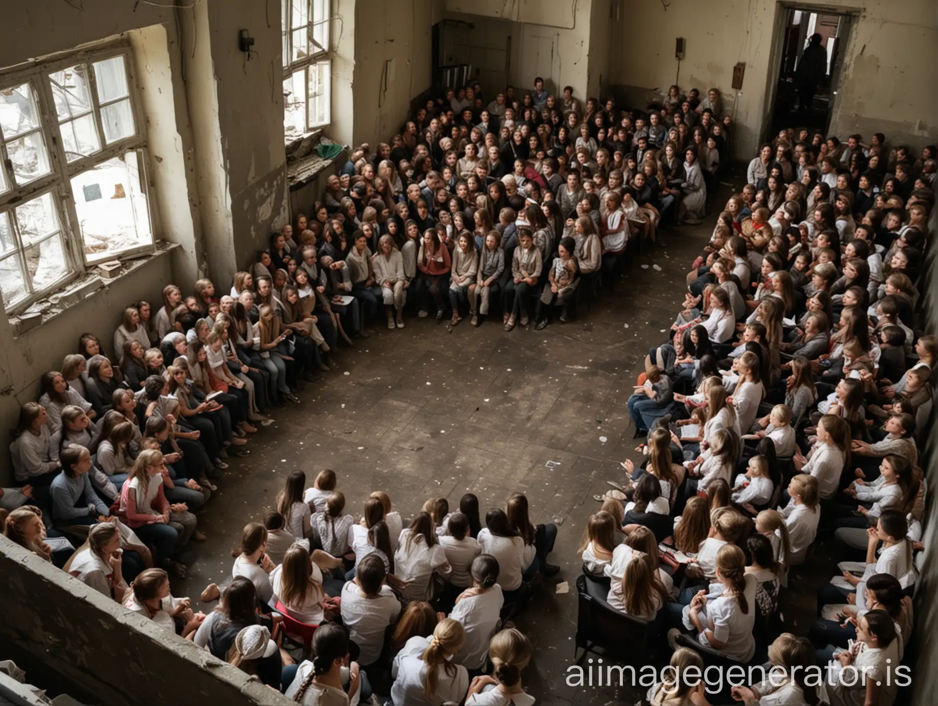 Aerial view of emergency meeting in a ukraine girls hostel at the time of war