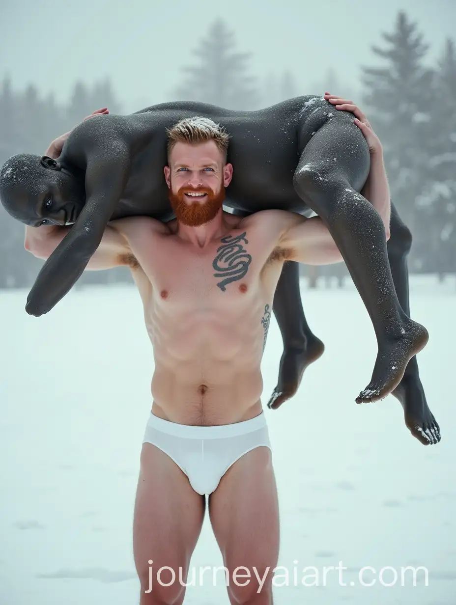 Strong-Man-Lifting-African-Statue-in-the-Snow-with-Impressive-Strength
