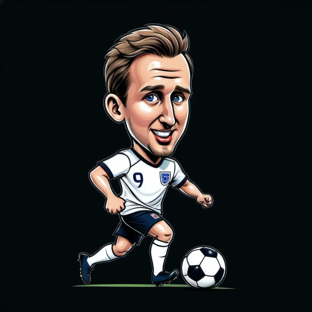 Childlike Caricature of Harry Kane Playing Football in England Kit