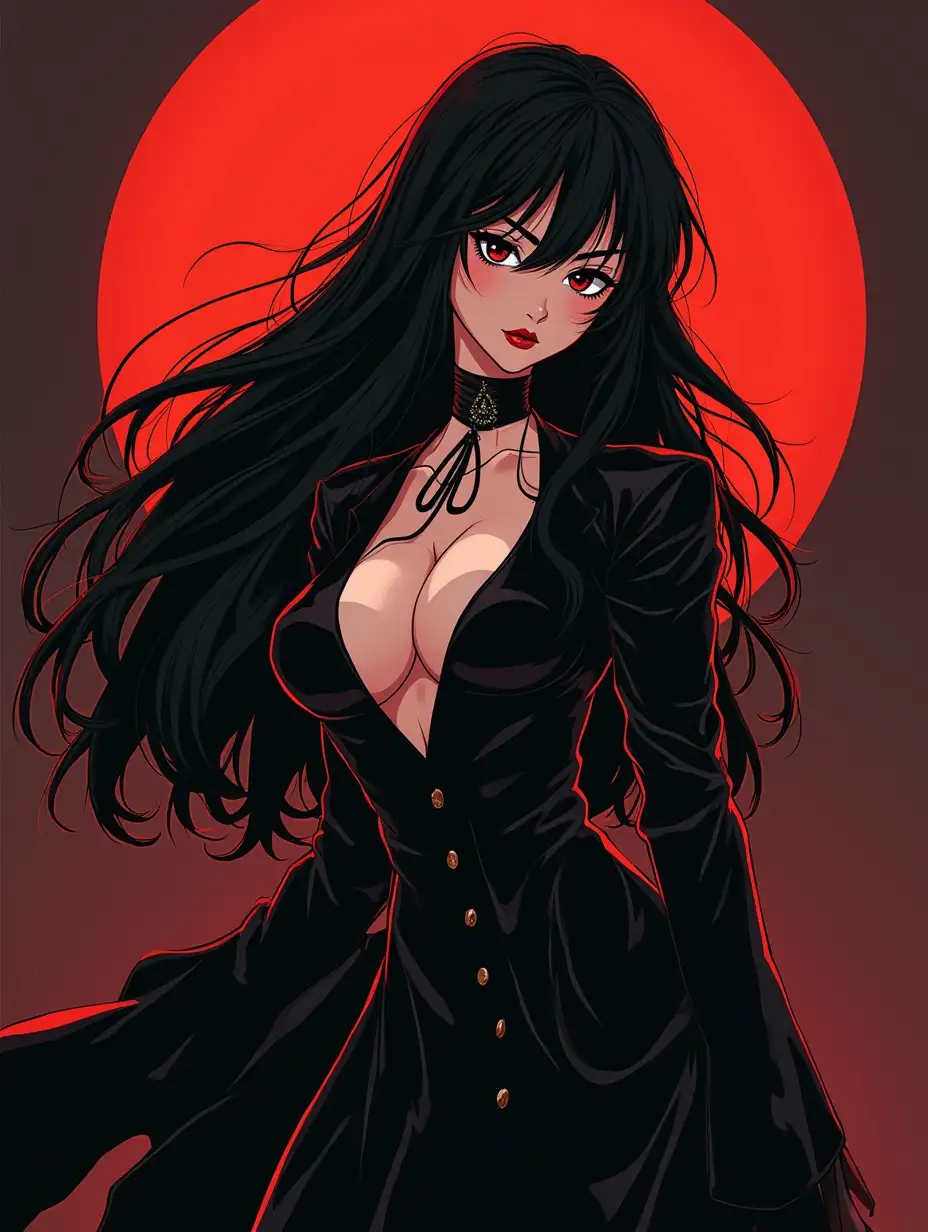 Vintage 90's anime style, gorgeous gothic anime girl, flirt, model posing, black clothes, stygian background, dynamic angle, 2d, flat colors, by Hajime Sorayama, Greg Tocchini,