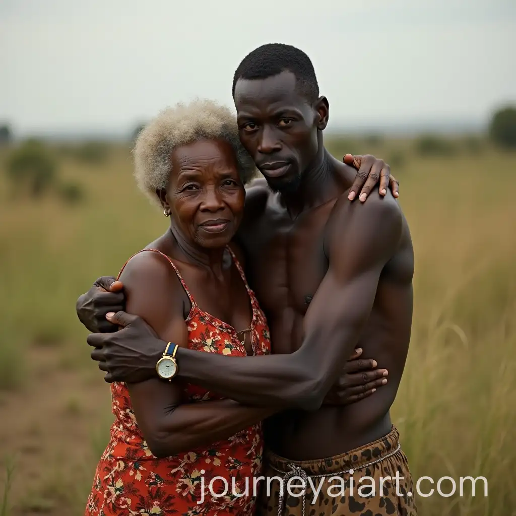 Elderly-African-Woman-Embraced-by-a-Young-African-Man-in-the-Bush