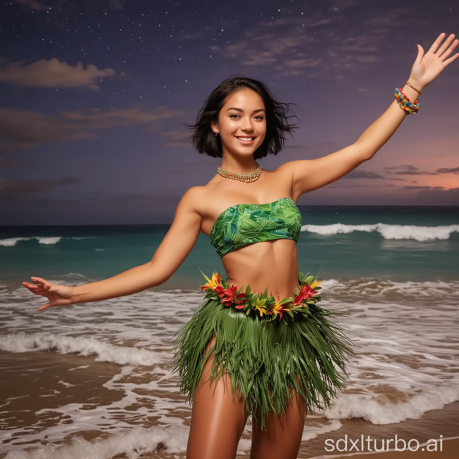 Vibrant-Hawaiian-Woman-Dancing-Joyfully-on-Beach-at-Night