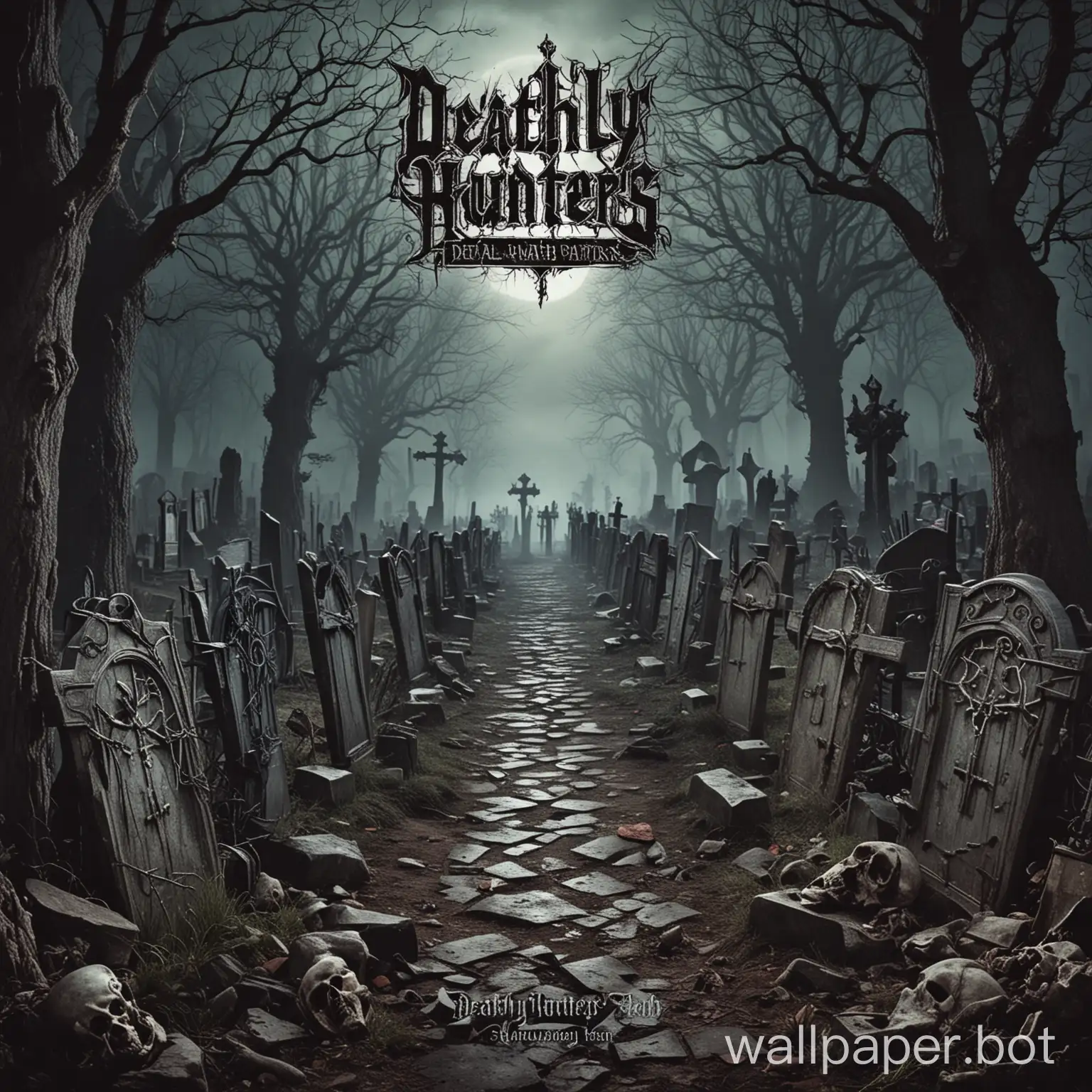 Deathly Hunters metal album cover graveyard path