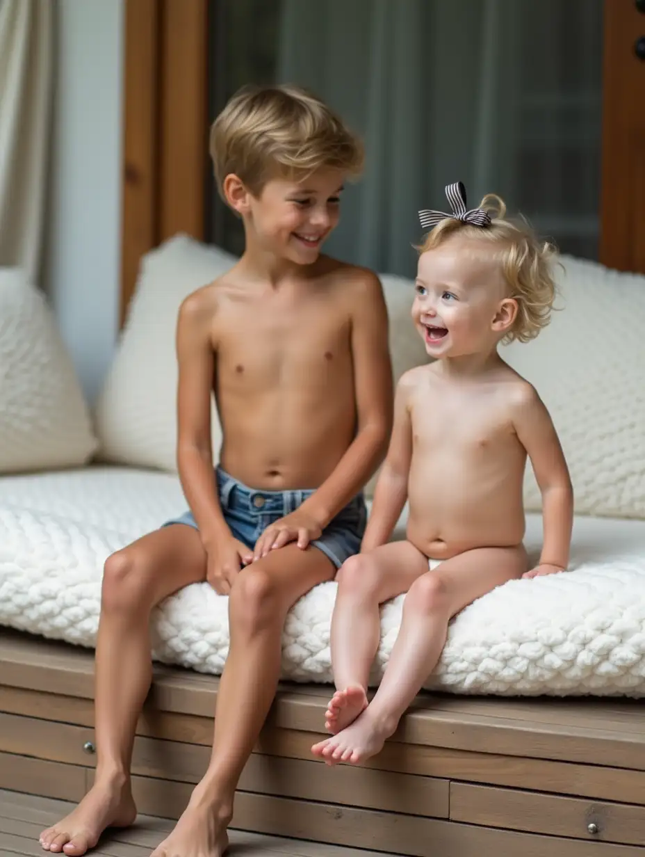 Children-Relaxing-on-a-Wooden-Deck-with-Fluffy-Pillows