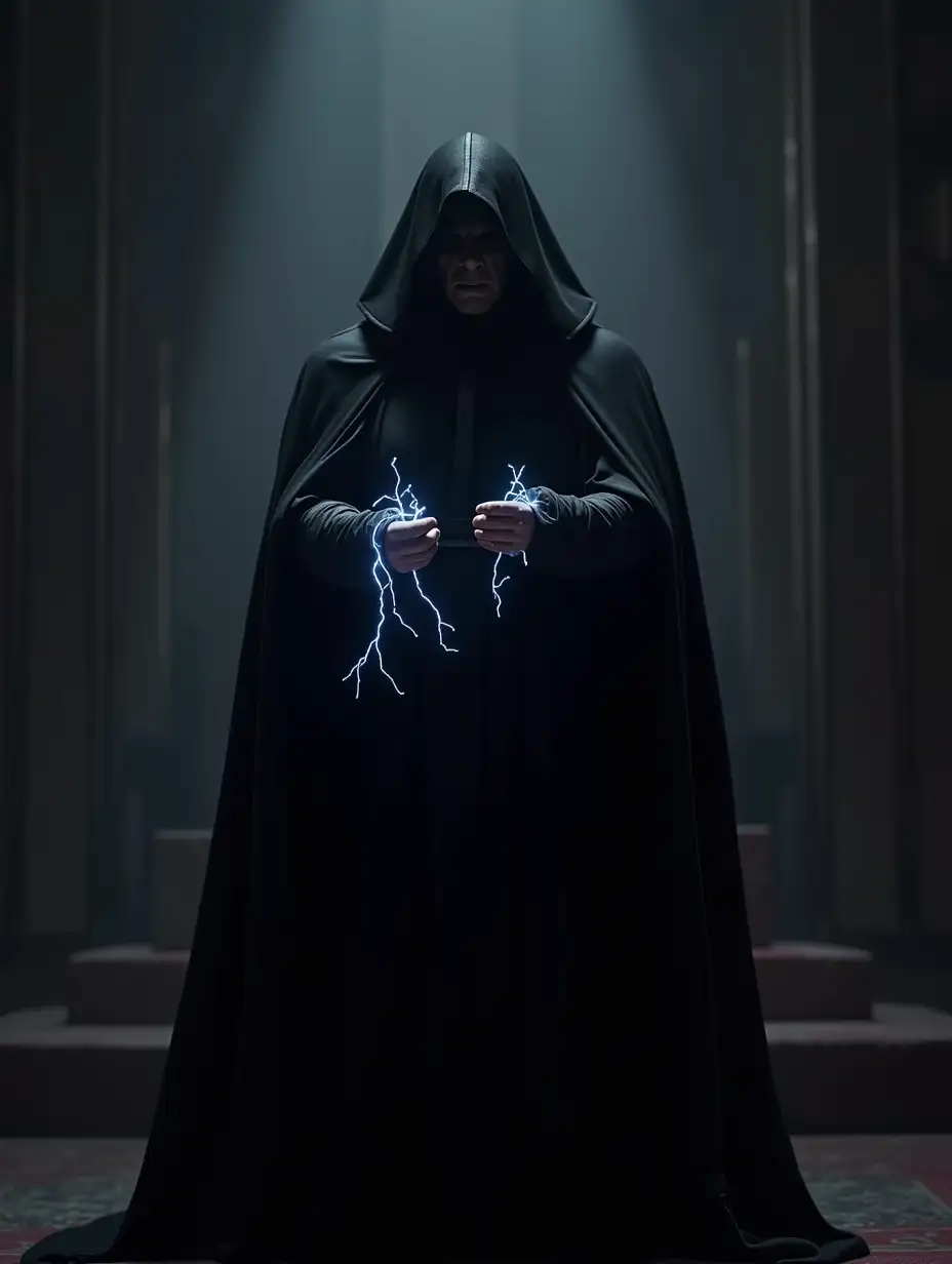 front view of Emperor Palpatine from movie Star Wars in a black cloak, in a black hood. He simple stand inside thrones hall. Lightning bolts emanate from his hands. Cinematic Hollywood style, professional quality, high resolution screen quality, high detail, quality of a professional movie.