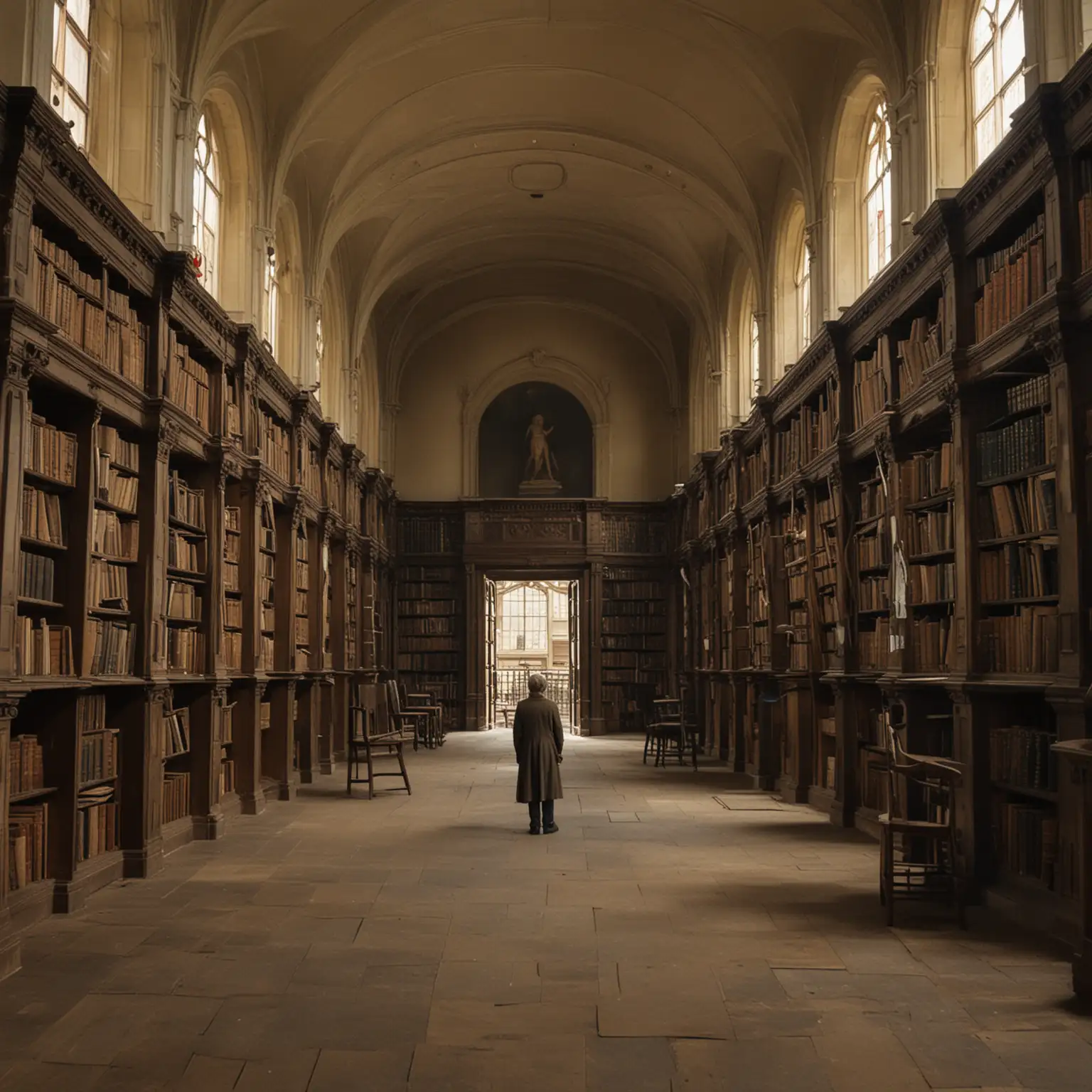 the interior of an old library, a lone figure standing in the middle
